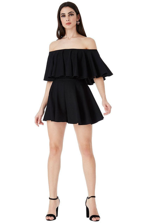 Off The Shoulder Frill Neck Skater Playsuit - Black by Goddiva