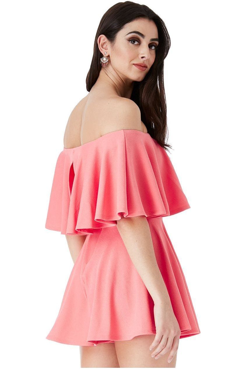 Off The Shoulder Frill Neck Skater Playsuit - Coral TR30B