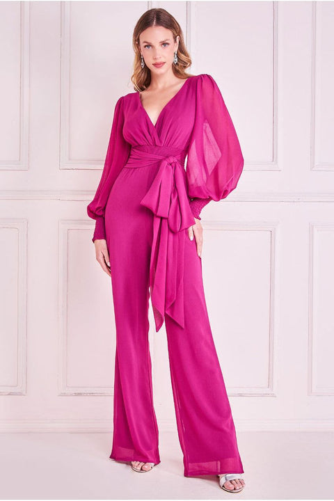 Chiffon Puffy Sleeve Jumpsuit - Magenta by Goddiva