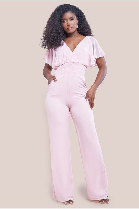 Chiffon Jumpsuit With Flutter Sleeves - Blush by Goddiva
