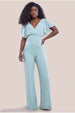 Chiffon Jumpsuit With Flutter Sleeves - Sage Green by Goddiva