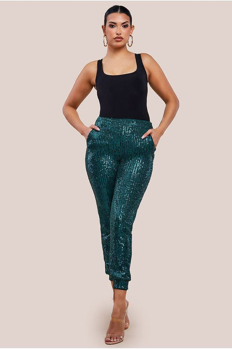 Sequin Cuffed Ankle Trouser - Emerald by Goddiva