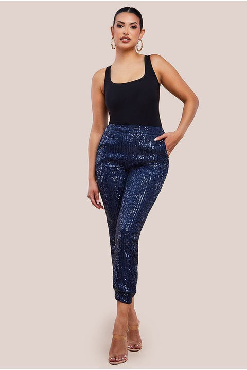 Sequin Cuffed Ankle Trouser - Navy by Goddiva