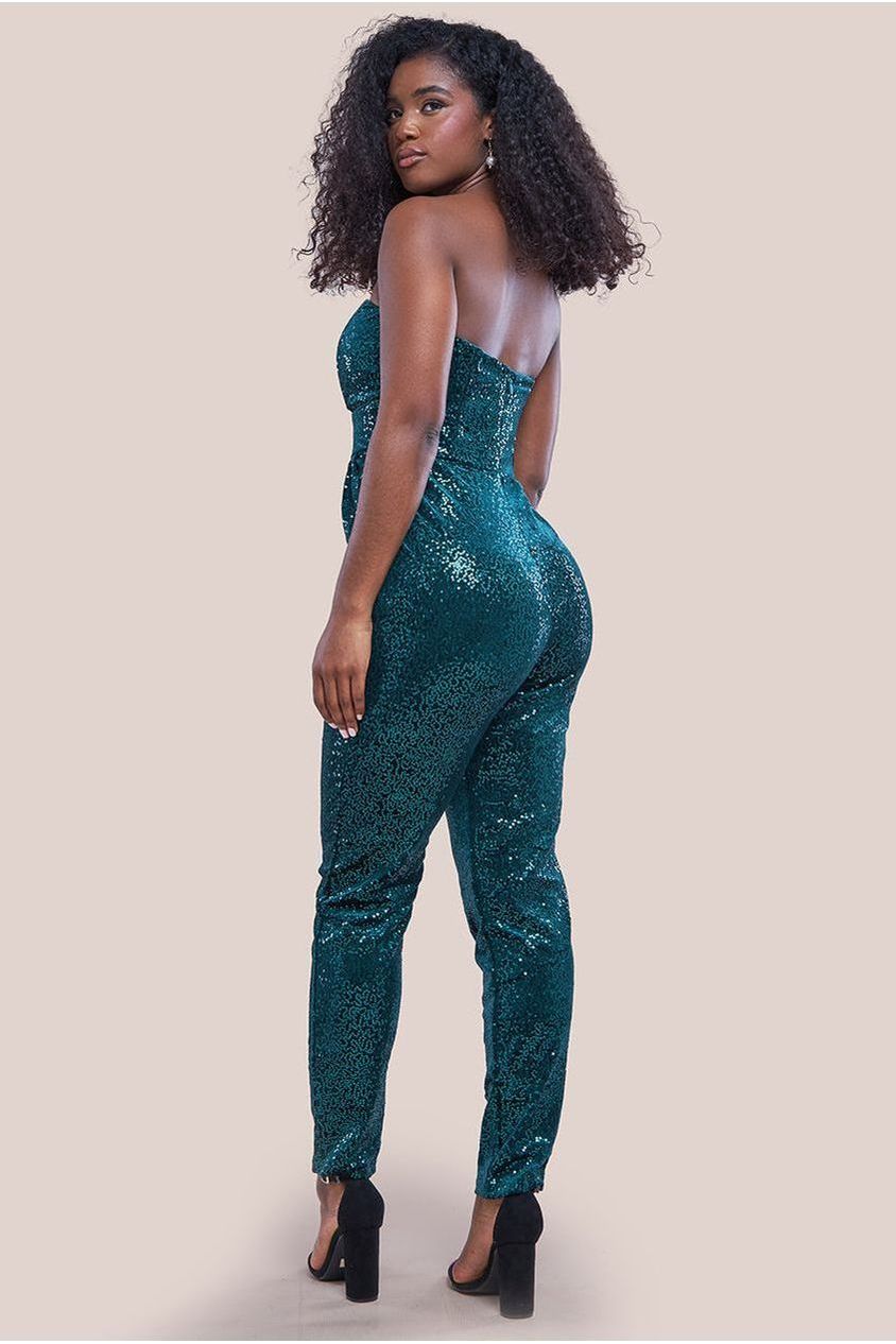 Sequin & Velvet Corset Jumpsuit - Emerald Green TR365