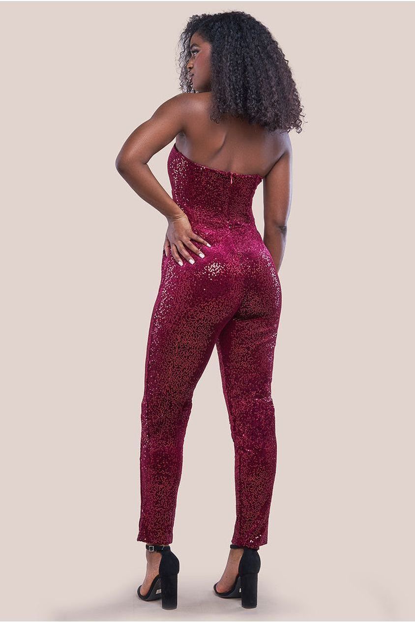 Sequin & Velvet Corset Jumpsuit - Wine TR365
