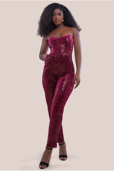 Sequin & Velvet Corset Jumpsuit - Wine by Goddiva