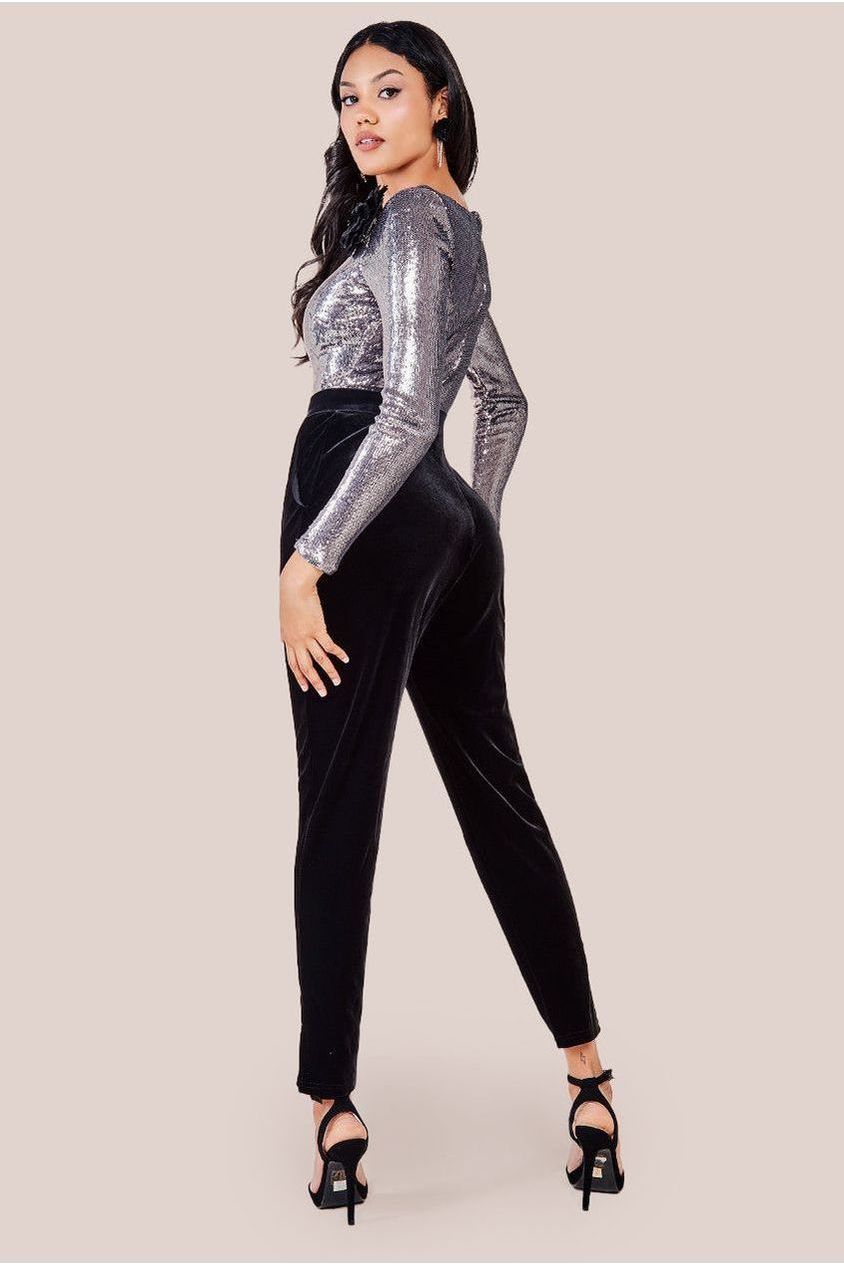 Liquid Sequin Jumpsuit With Corsage - Silver TR380