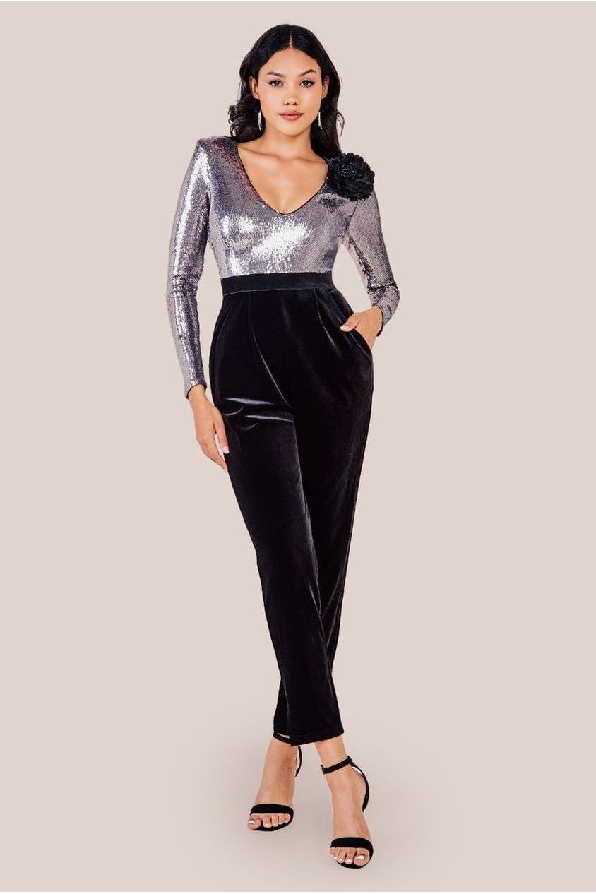 Liquid Sequin Jumpsuit With Corsage - Silver TR380