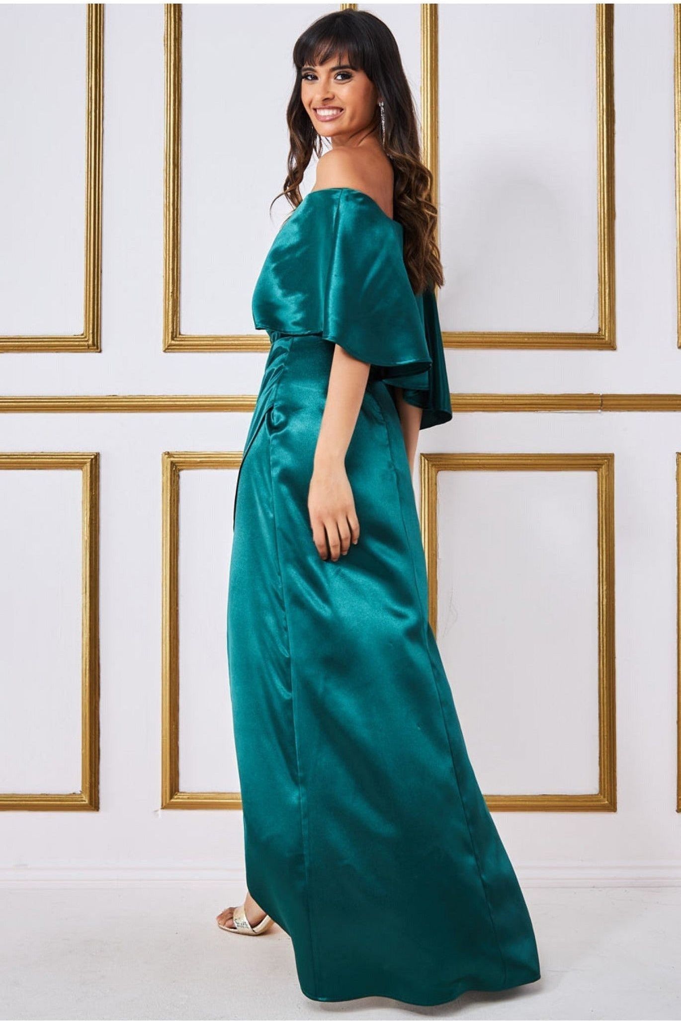 Satin Drape Shoulder Wrap Maxi Dress - Emerald Green DR3450