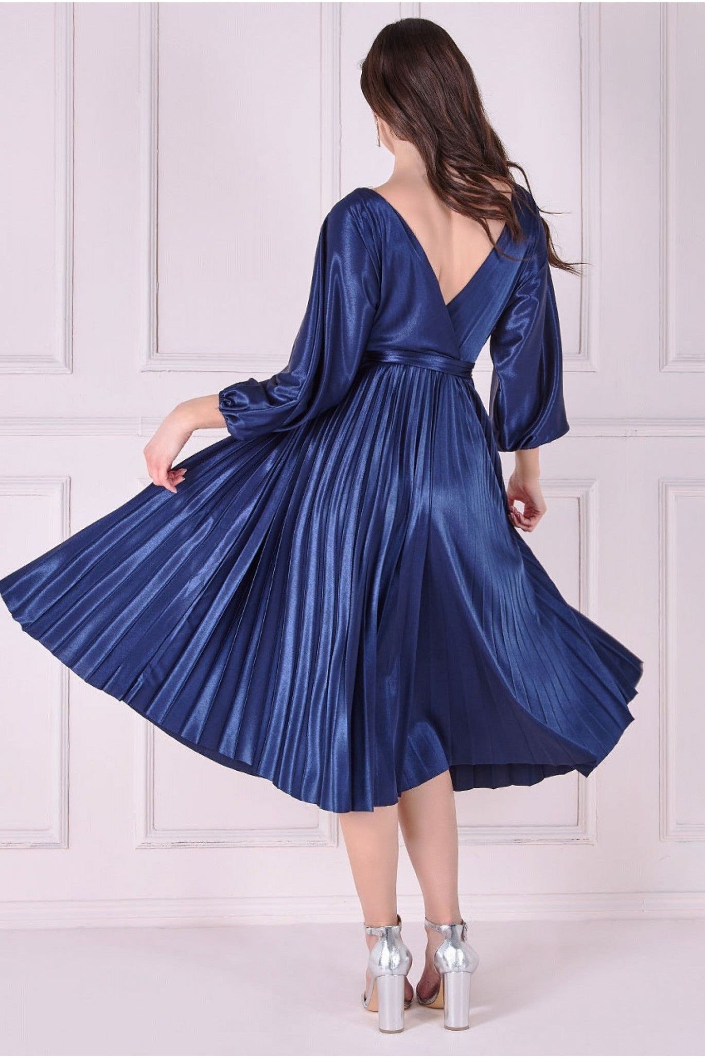 Satin Pleated Skirt Wrap Midi Dress - Navy DR3921