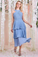 Pleated Bodice Chiffon Tiered Midi - Blue by Goddiva