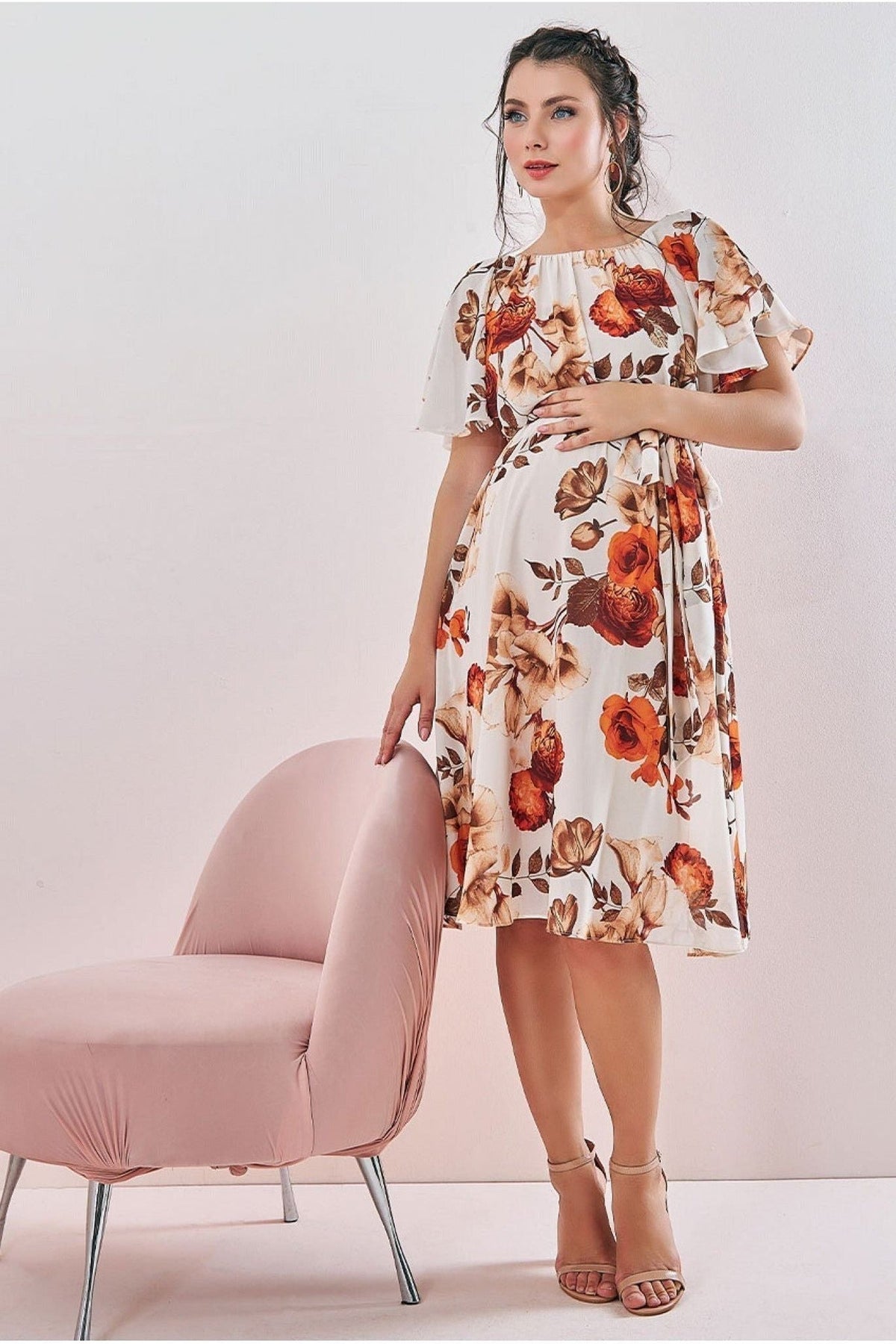 Maternity Wrap Back Flutter Sleeve Midi Beige DR3480MAT