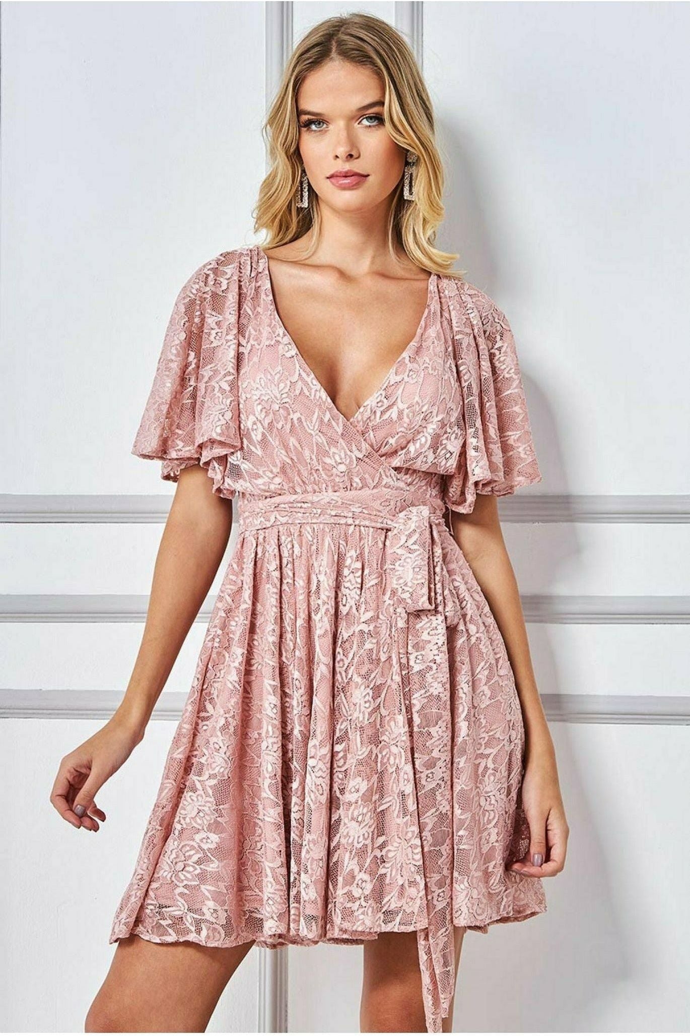 Lace Kimono Wrap Skater Mini Dress - Blush DR2567A