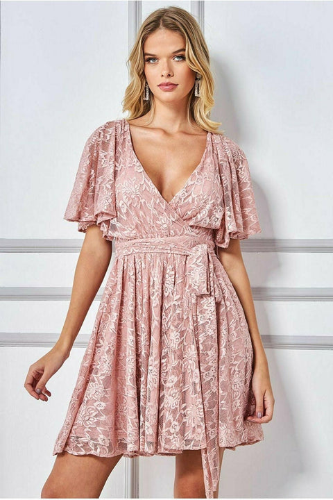 Lace Kimono Wrap Skater Mini Dress - Blush by Goddiva