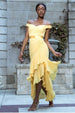 Pleated Bardot High Low Tier Chiffon Midaxi Dress - Lemon by Goddiva