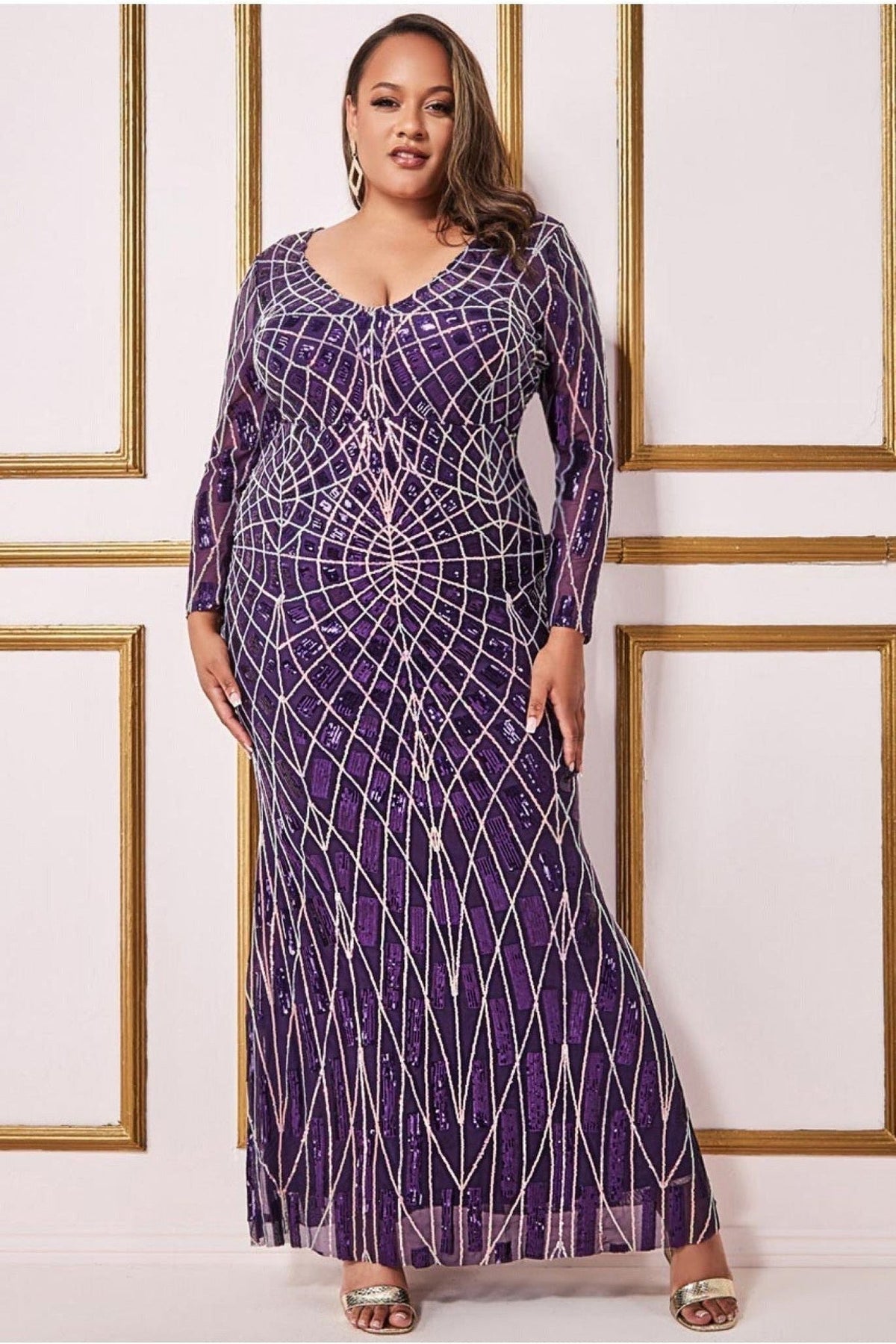 Geo Sequin Long Sleeve Maxi Dress - Purple DR3495P