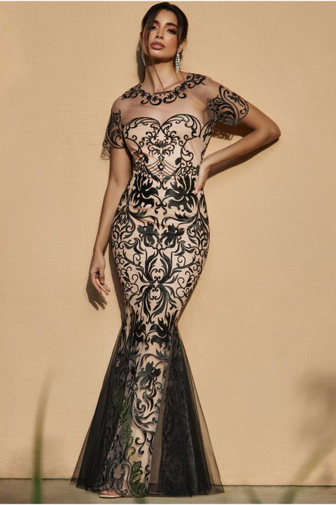Mesh & Lace Maxi With Scalloped Hem - Black by Goddiva
