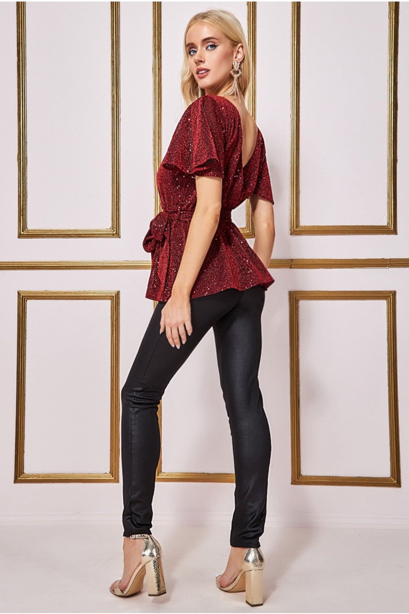 Lurex Flutter Sleeve Wrap Top - Wine T204