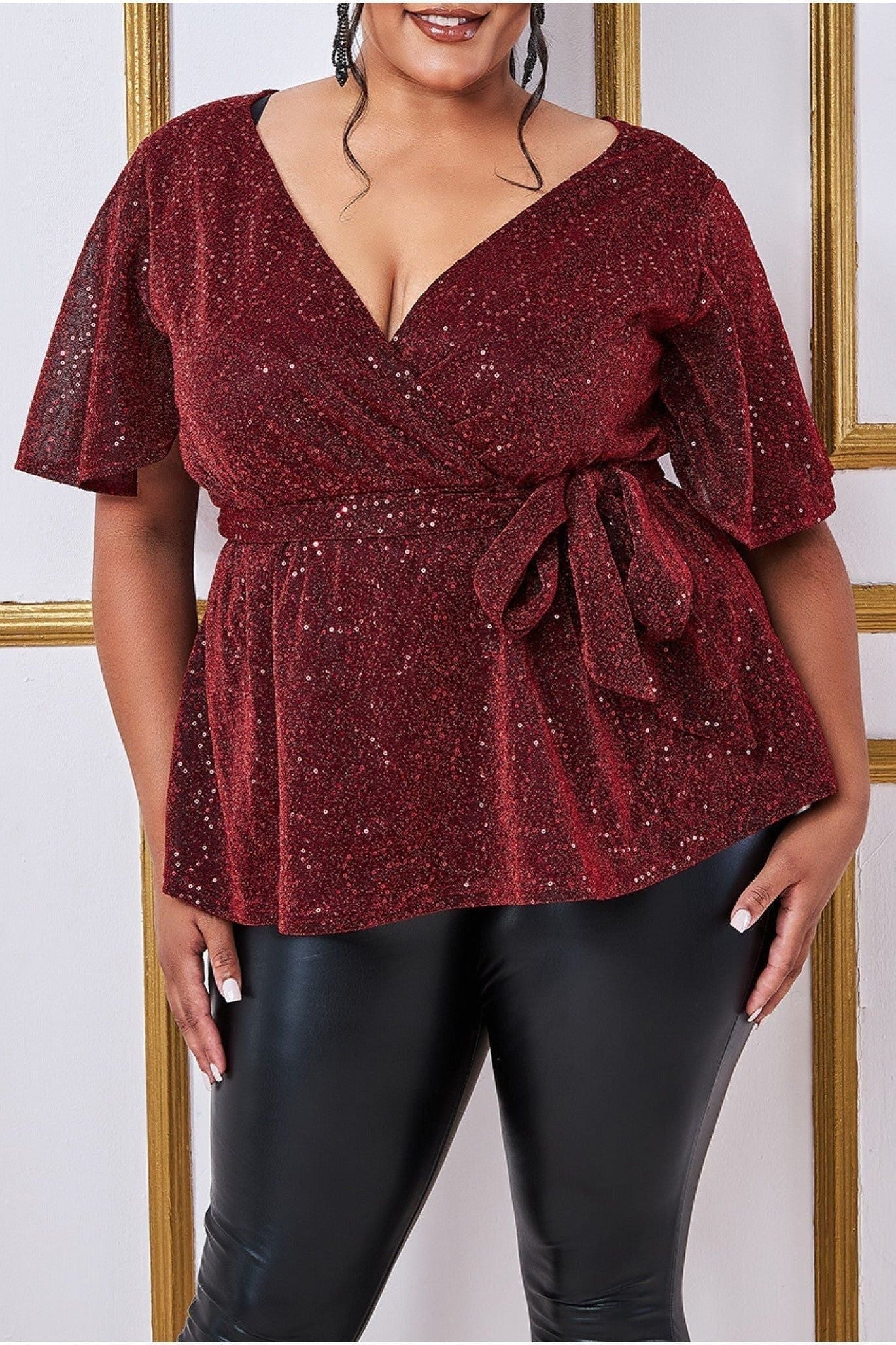 Lurex Flutter Sleeve Wrap Top - Wine T204P