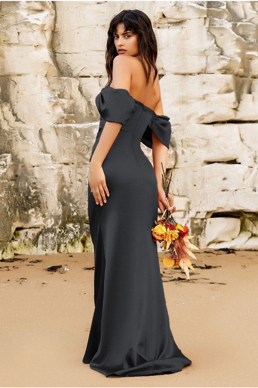 Off Shoulder Satin Maxi Dress With V Neck - Black DR3923