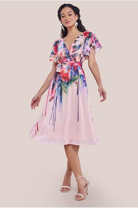 Flutter Sleeve Floral Bodice Midi Dress - Blush by Goddiva