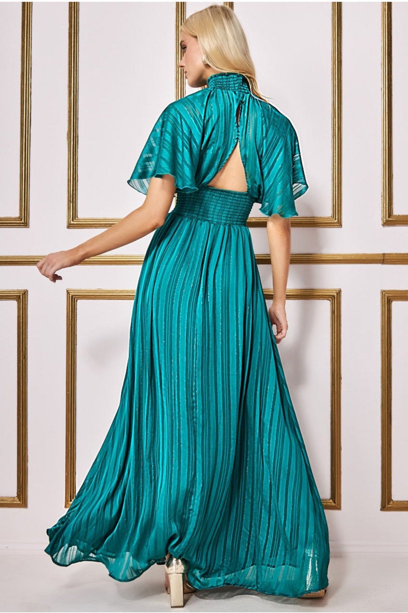 Keyhole High Neck Flutter Sleeve Maxi - Emerald DR3441
