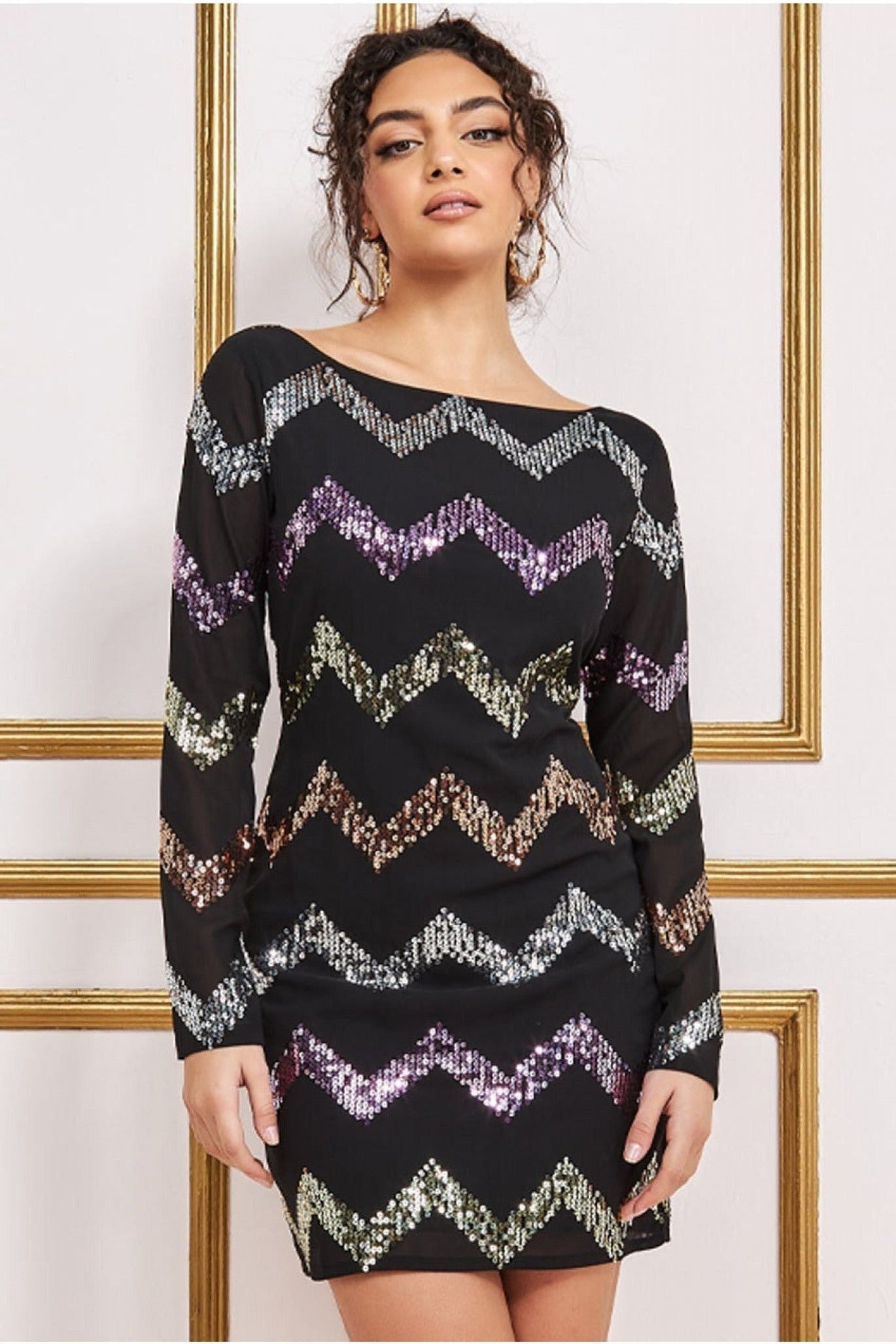 Sequin Zig Zag Shift Mini Dress - Black DR3790