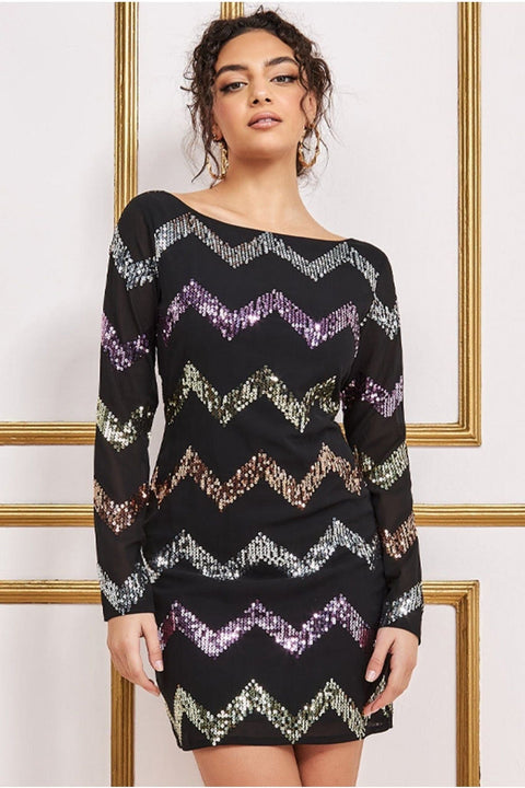 Sequin Zig Zag Shift Mini Dress - Black by Goddiva