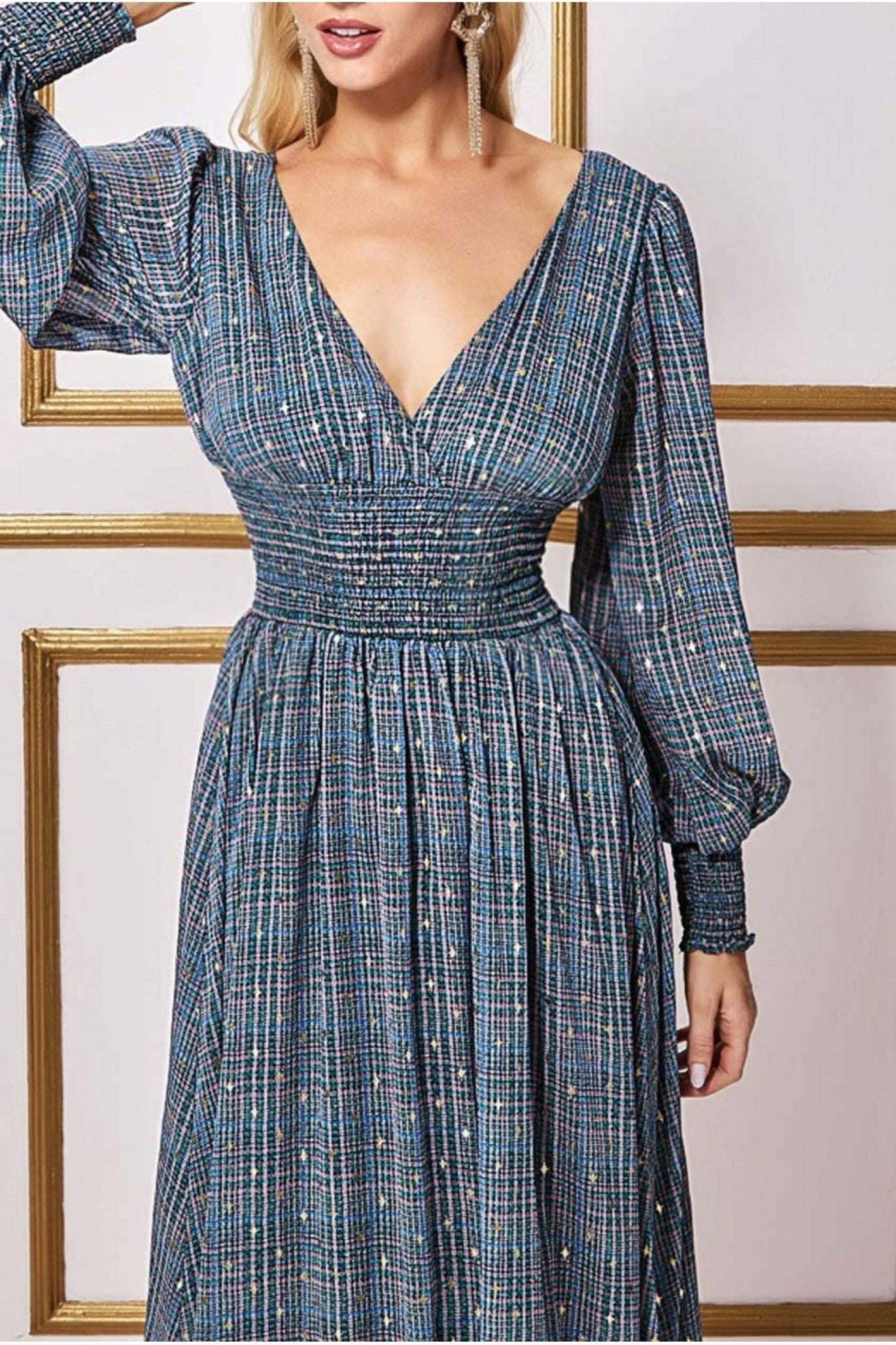 Long Sleeve Maxi Shirred Waistband - Check Print DR3765B