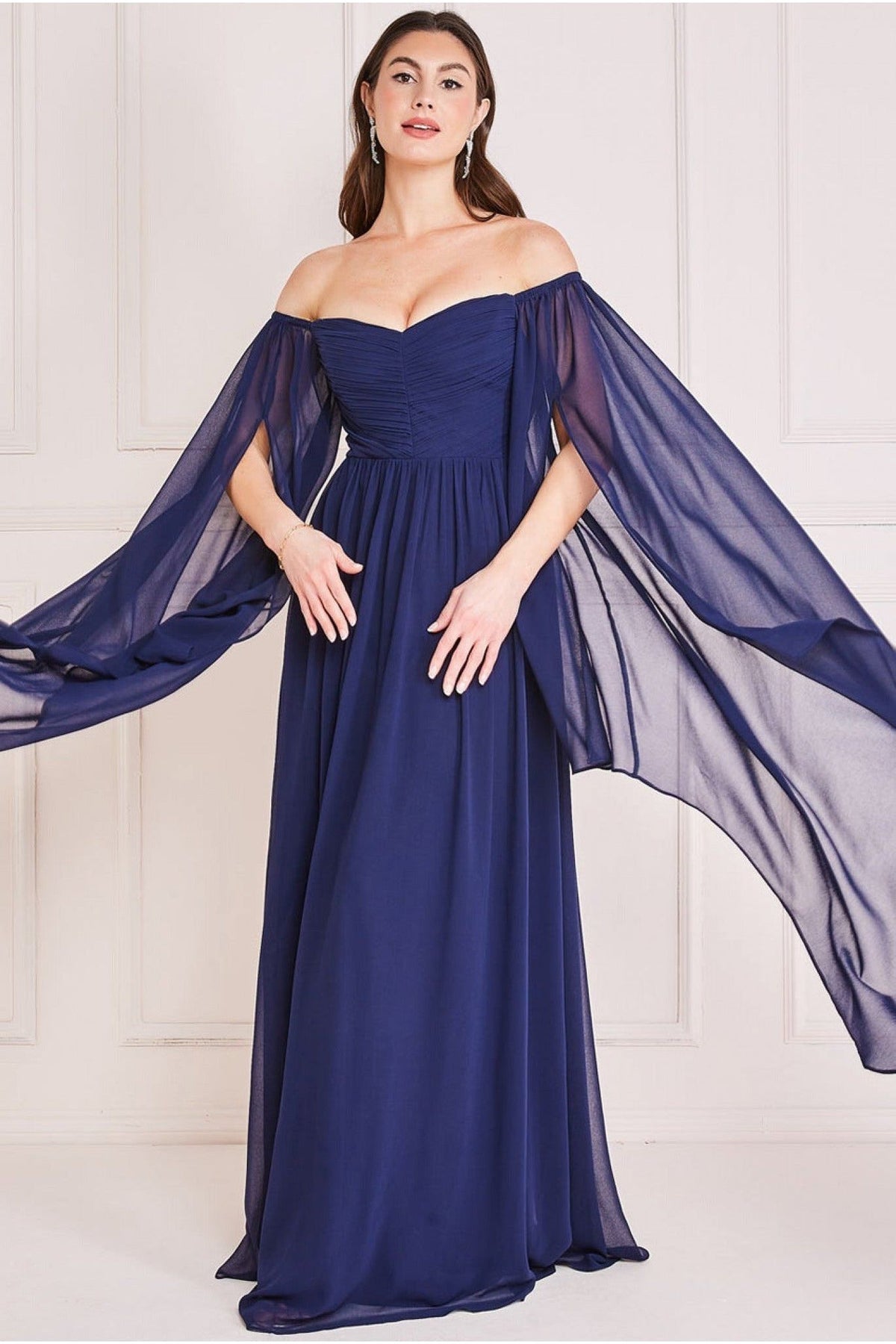 Chiffon Off The Shoulder Maxi With Cape Sleeves  - Navy DR3780