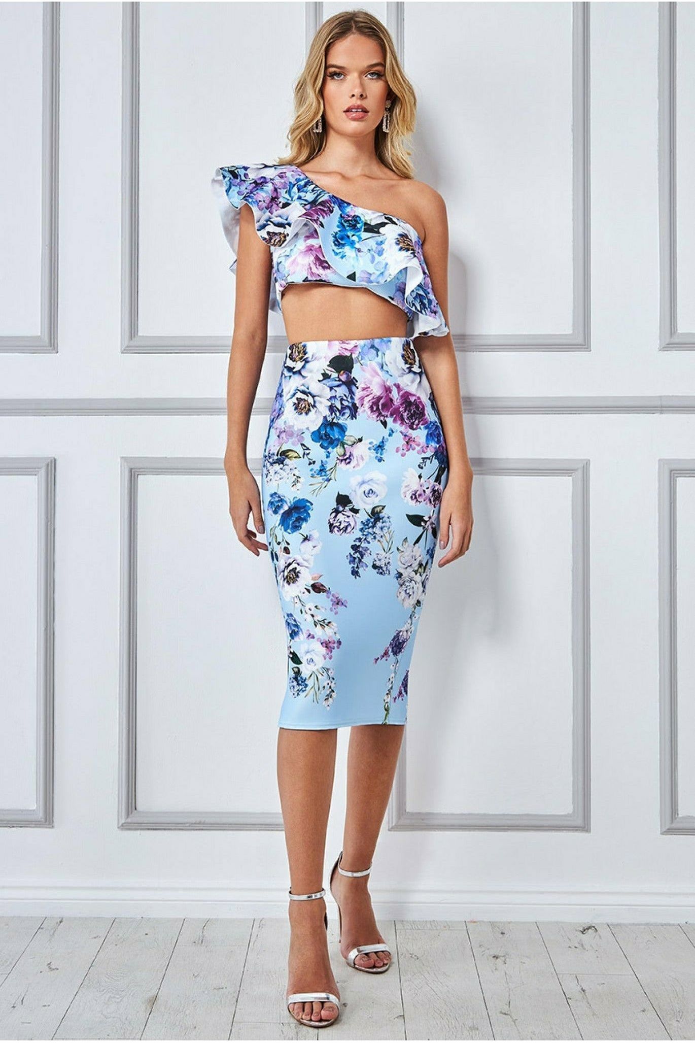 One Shoulder Floral Crop Top - Light Blue T190