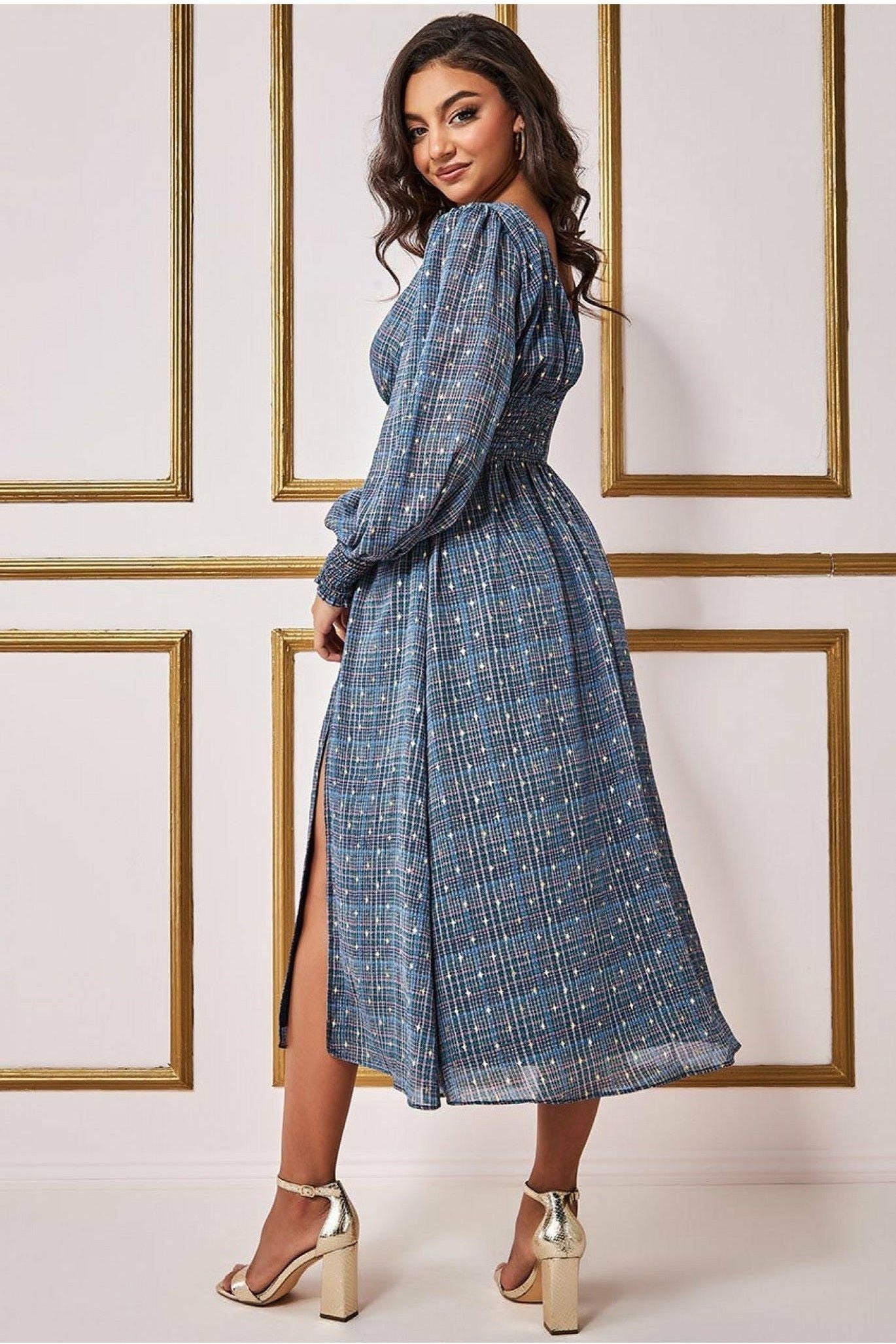 Long Sleeve Midi Shirred Waistband - Check Print DR3766B