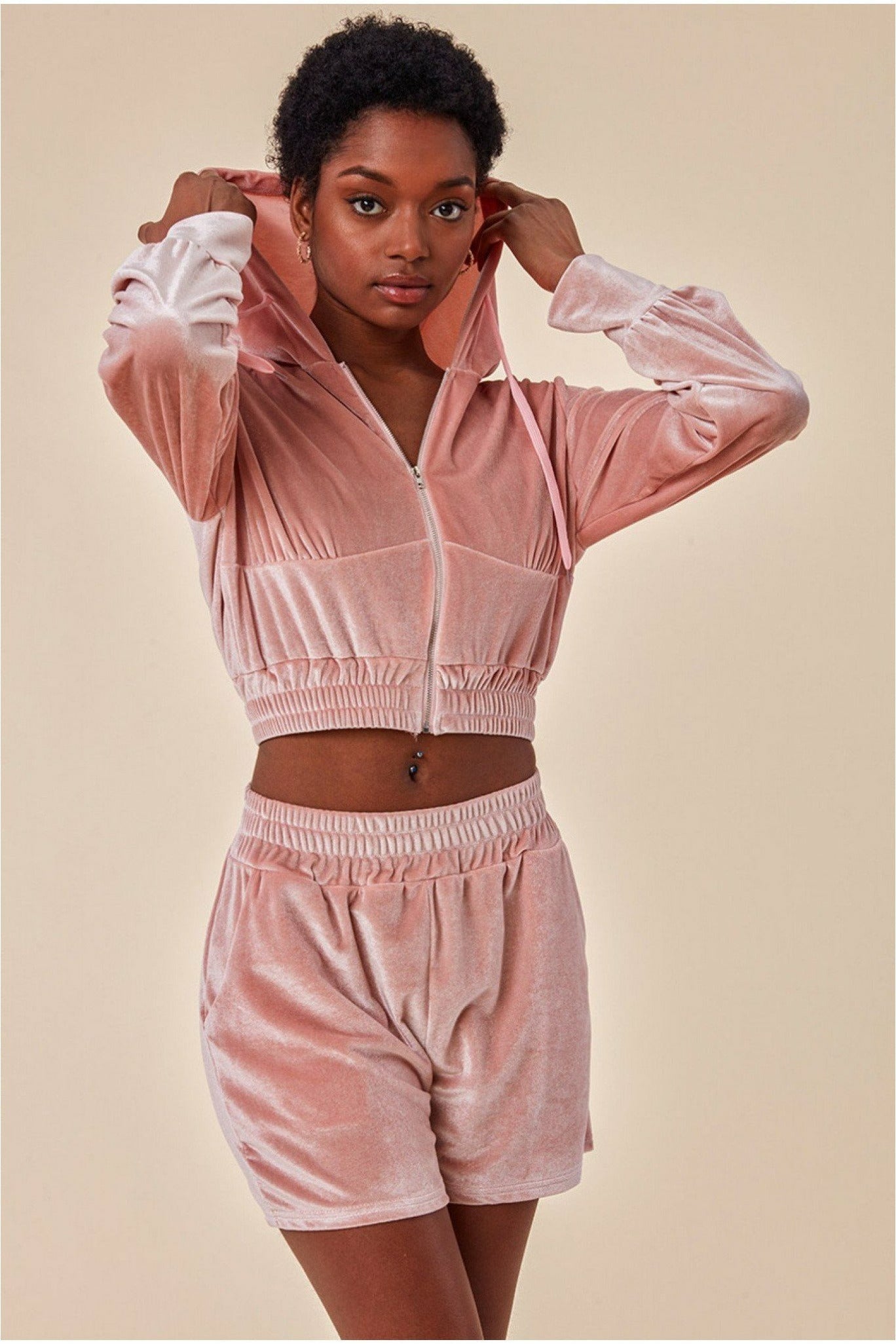 Velour Hoodie & Short Set - Pink TS22