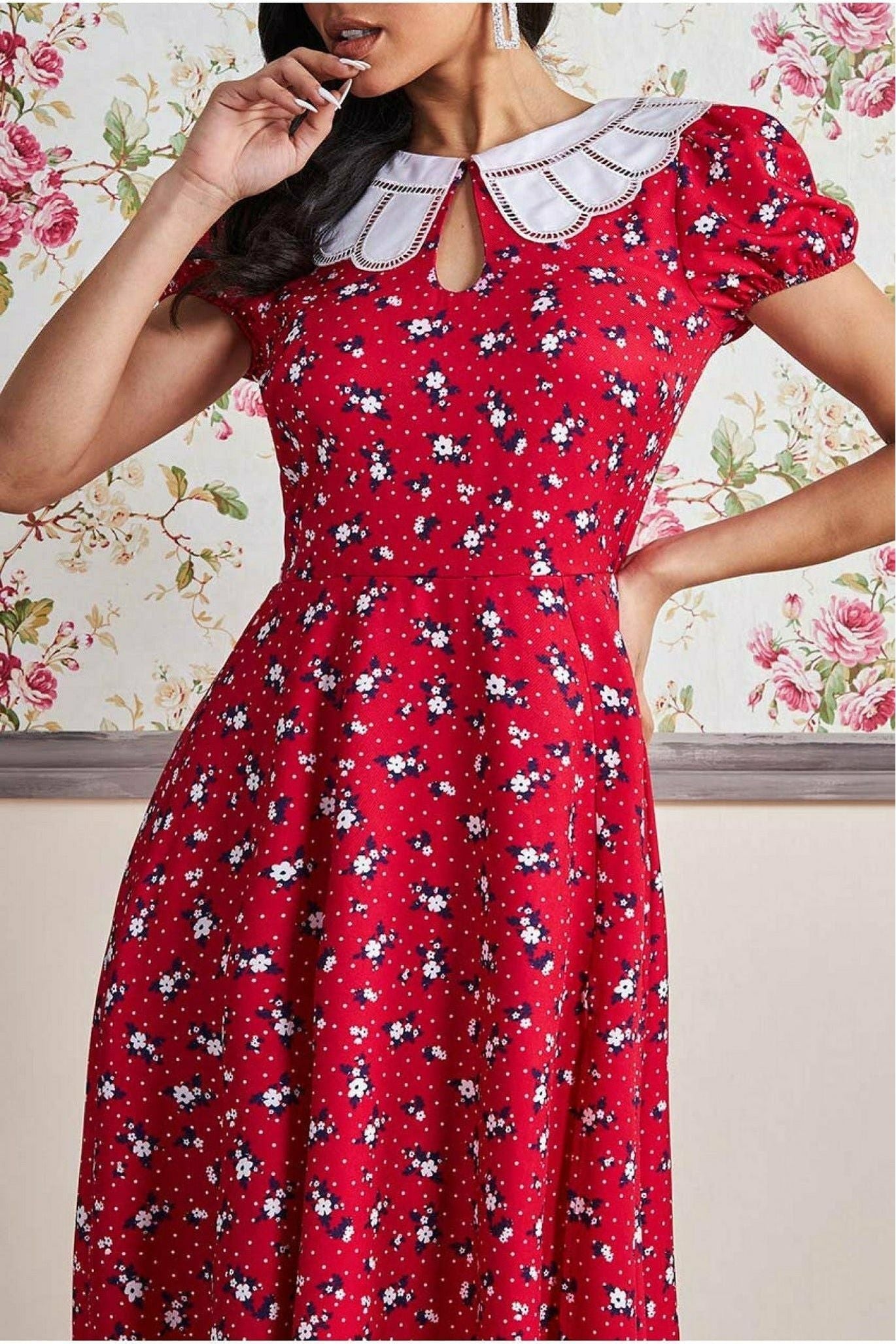 Printed Midi With Front Split - Red DR3356