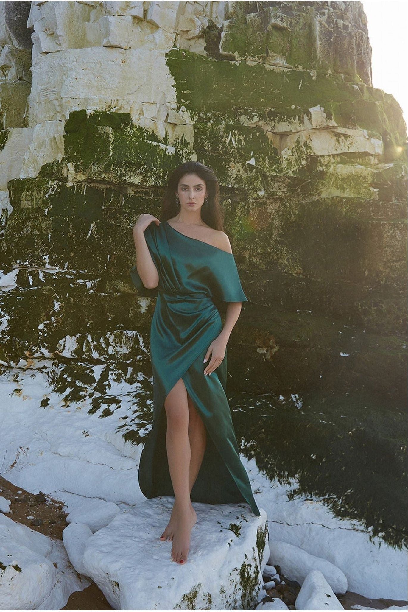 Satin Drape Shoulder Wrap Maxi Dress - Emerald Green DR3450