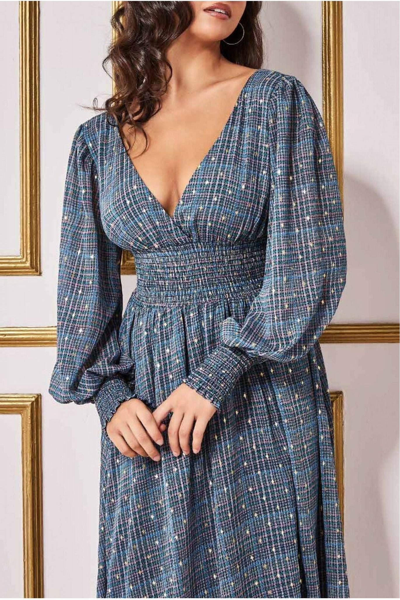 Long Sleeve Midi Shirred Waistband - Check Print DR3766B