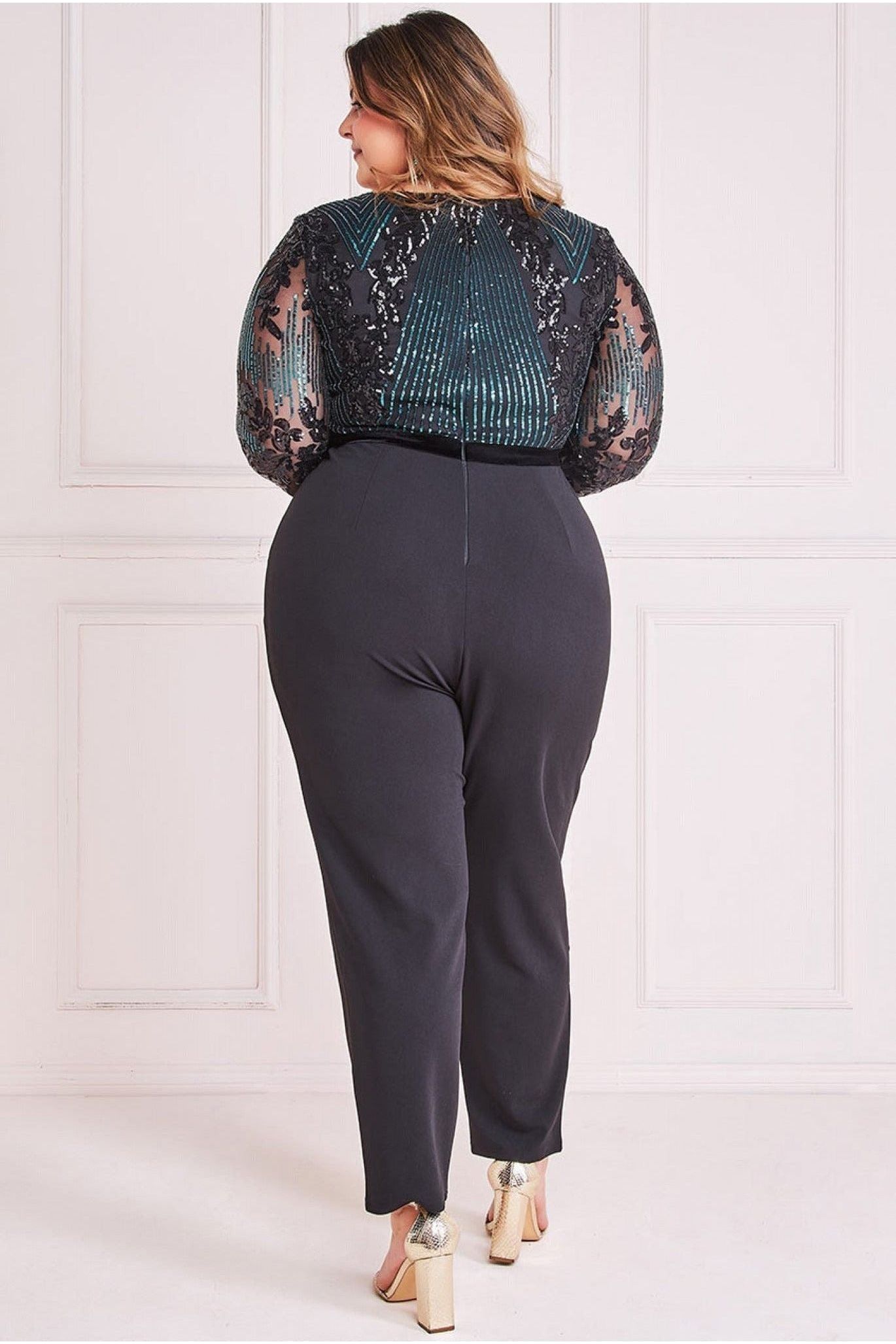 Sequin & Mesh Jumpsuit - Emerald Green TR289P