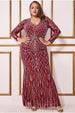 Geo Sequin Long Sleeve Maxi Dress - Wine by Goddiva Plus