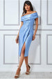 Cowl Neck Bardot Satin Midi Front Split - Dusty Blue by Goddiva