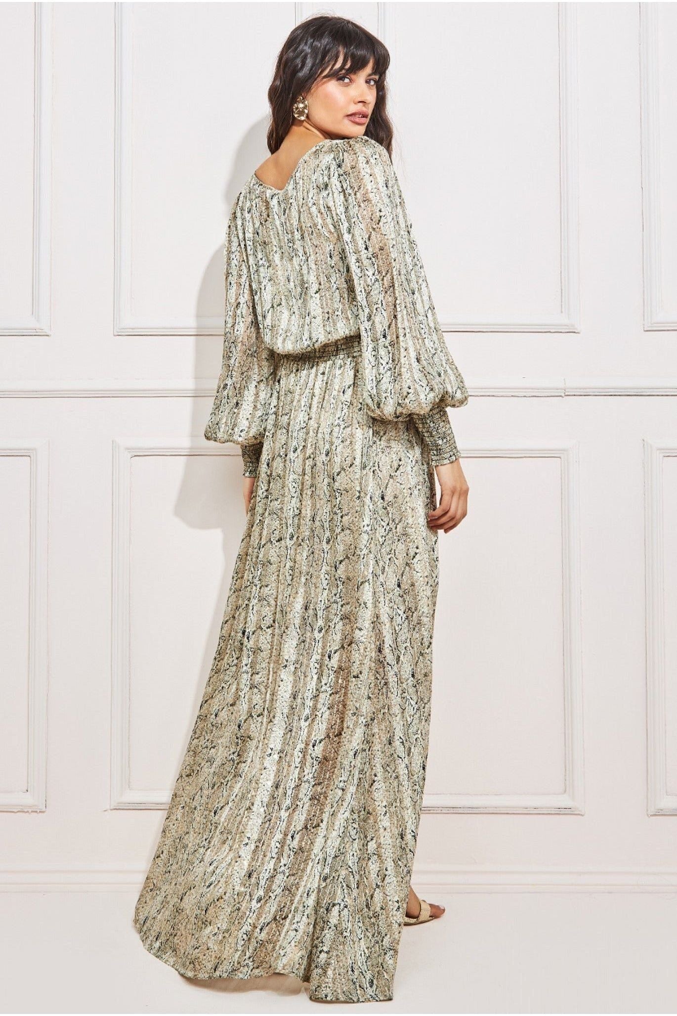 Shirred Waist Chiffon Printed Maxi - Snakeprint DR3880