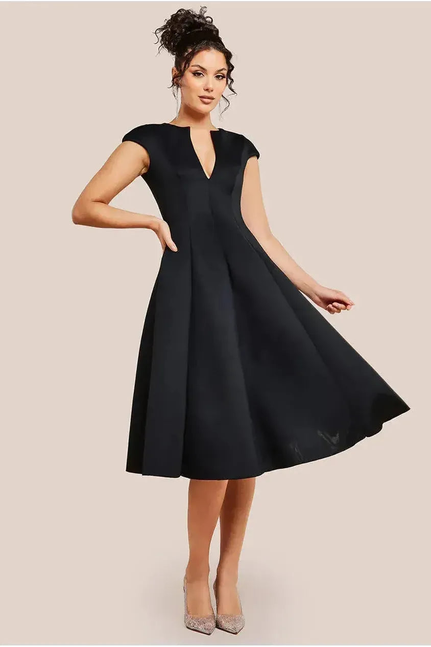 Cap Sleeve Plunging V-Neckline A-line Midi Dress - Black DR4540