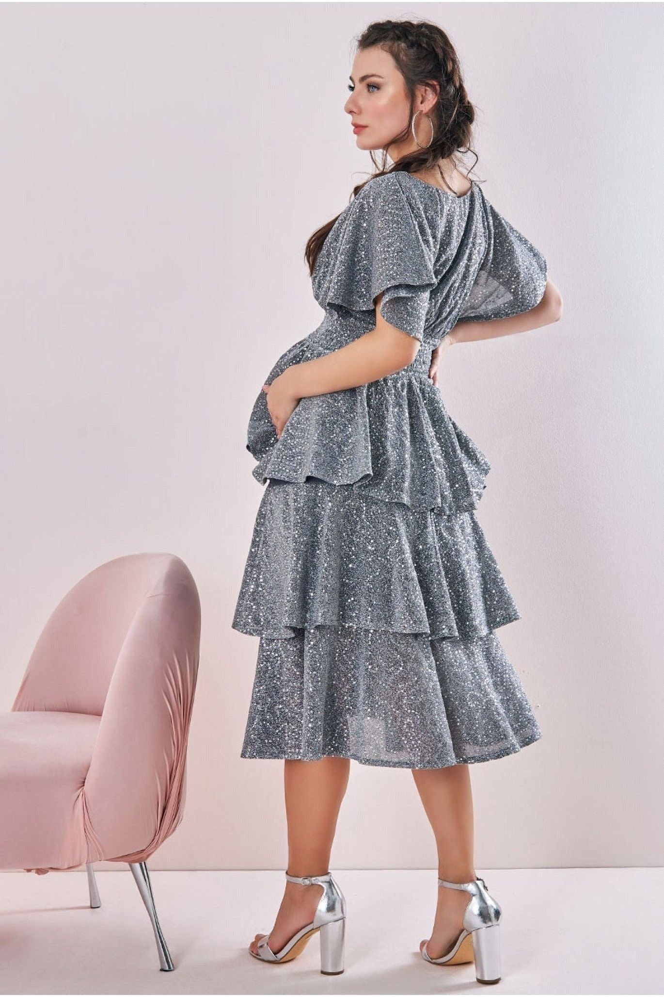 Maternity Sequin Lurex Tiered Midi Silver DR3656MAT