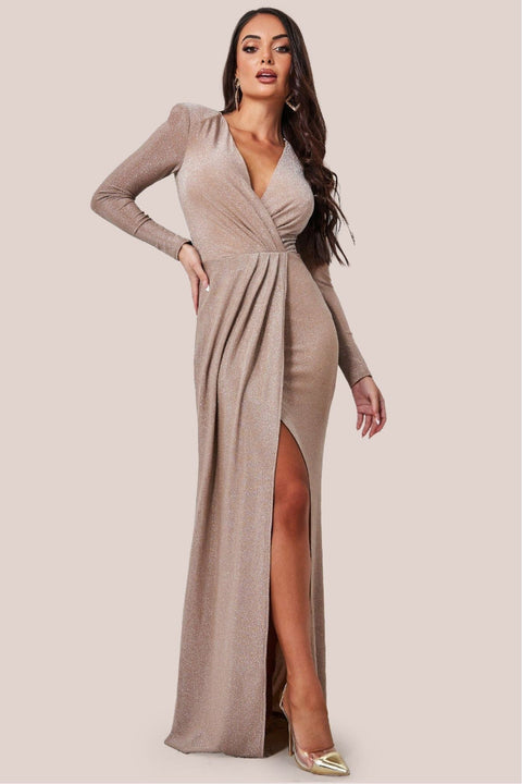 Plunge Neck Wrap Front Split Lurex Maxi Dress - Nude by Goddiva