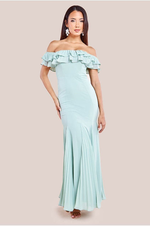 Frilled Off The Shoulder Pleated Chiffon Maxi Dress - Sage Green by Goddiva