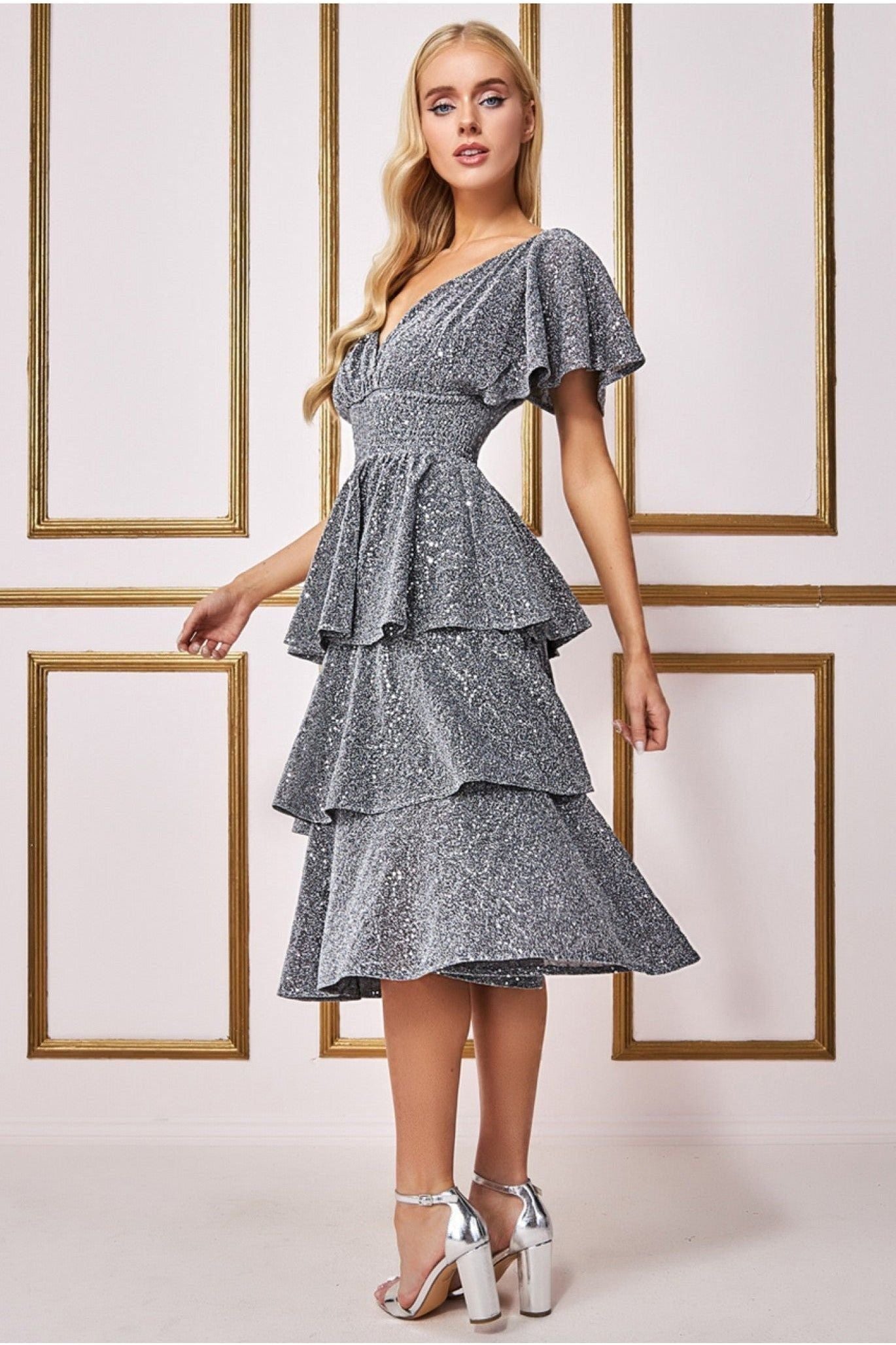 Sequin Lurex Tiered Midi Dress - Silver DR3656