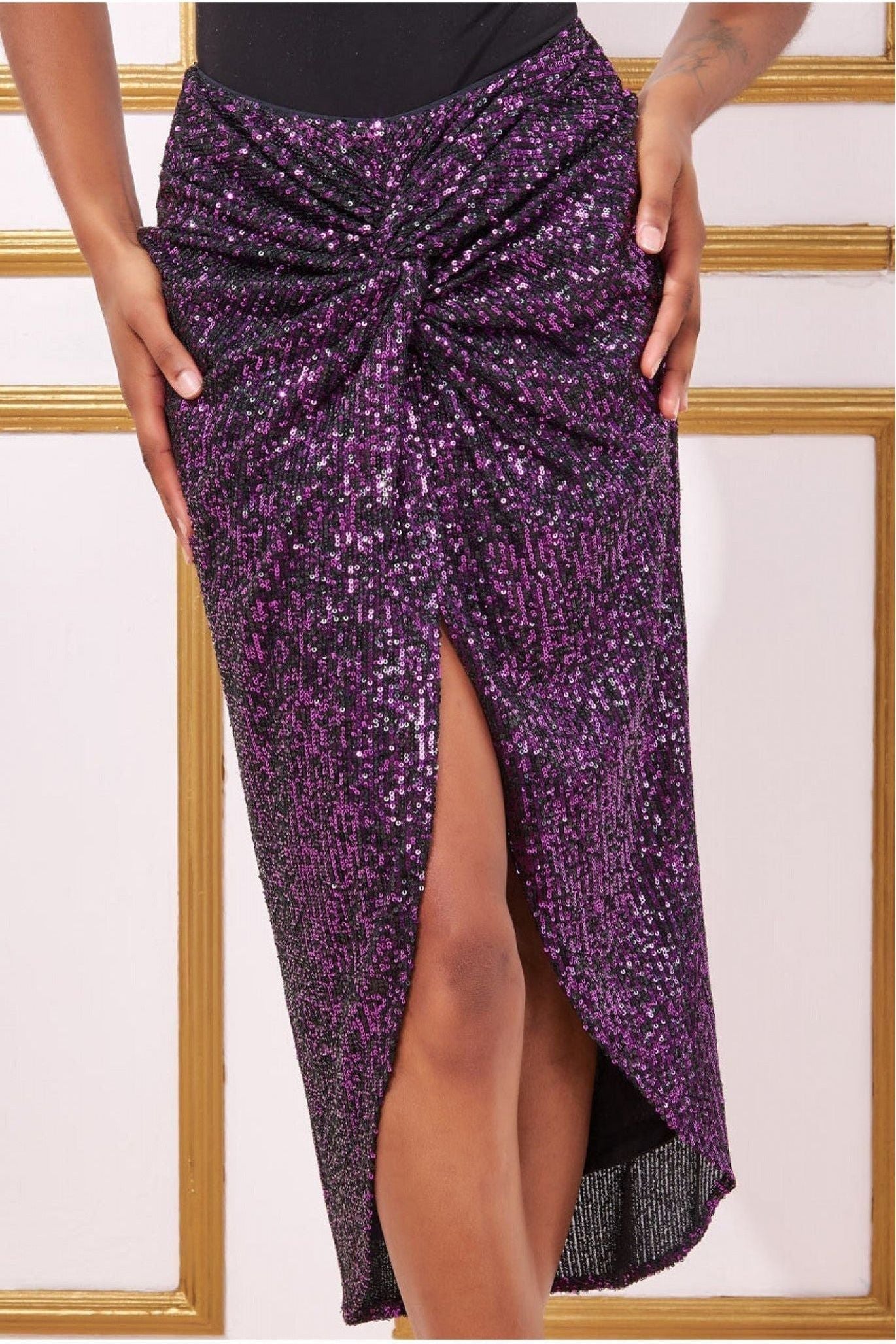 Knot Front Sequin Midi Skirt - Purple SK24