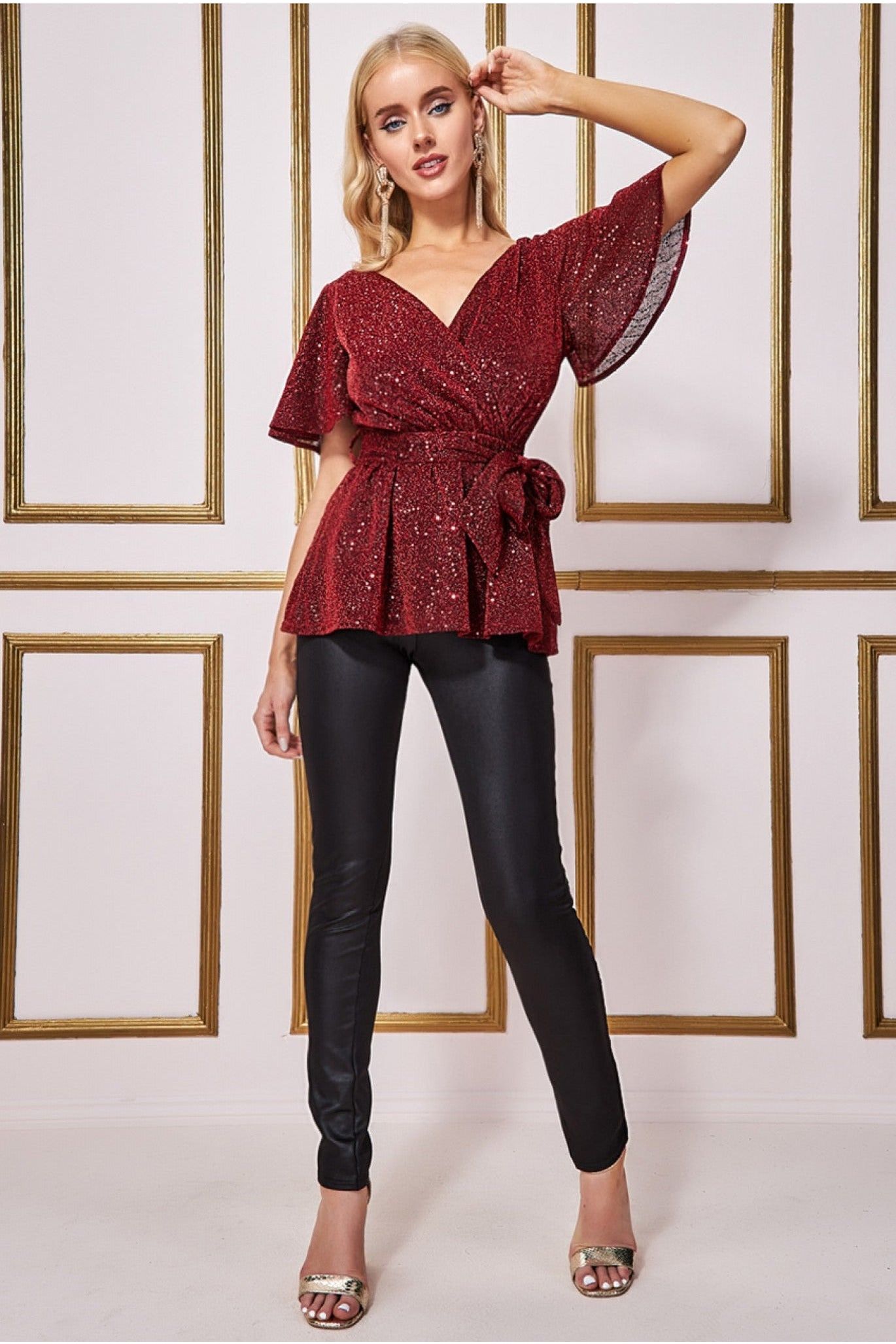 Lurex Flutter Sleeve Wrap Top - Wine T204