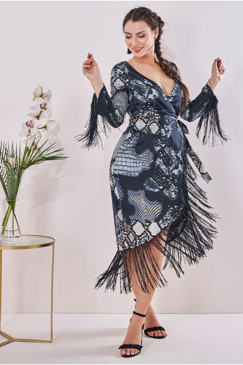 Maternity Tassel Foil Print Wrap Midi Black by Goddiva