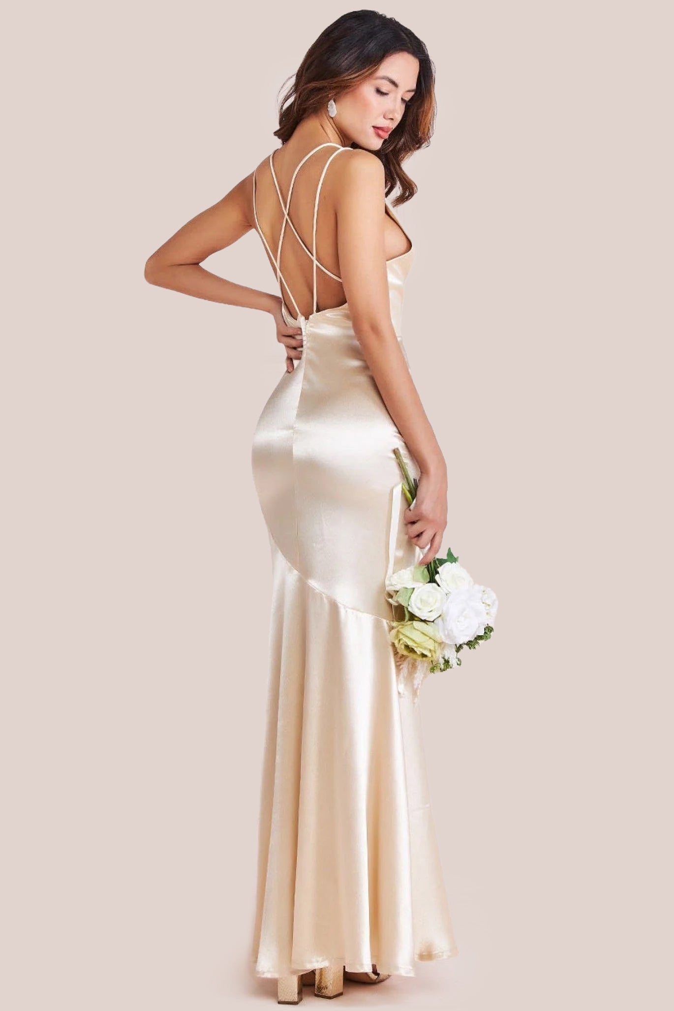 Satin Cowl Neck With Strappy Back Maxi - Champagne DR2113QZ