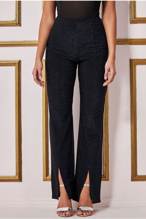 Wide Leg Lurex Trouser - Navy by Goddiva